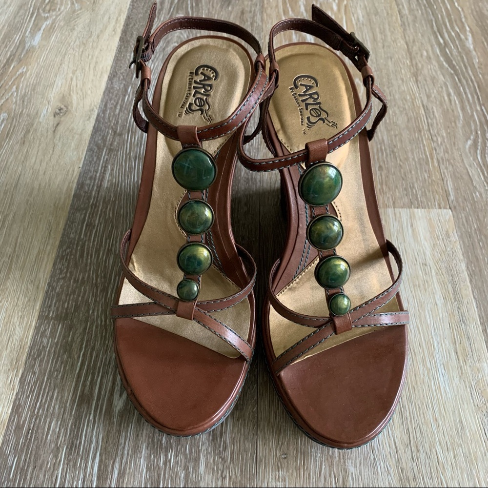 NWOT — Carlos Santana cork wedge sandals with green accent stones